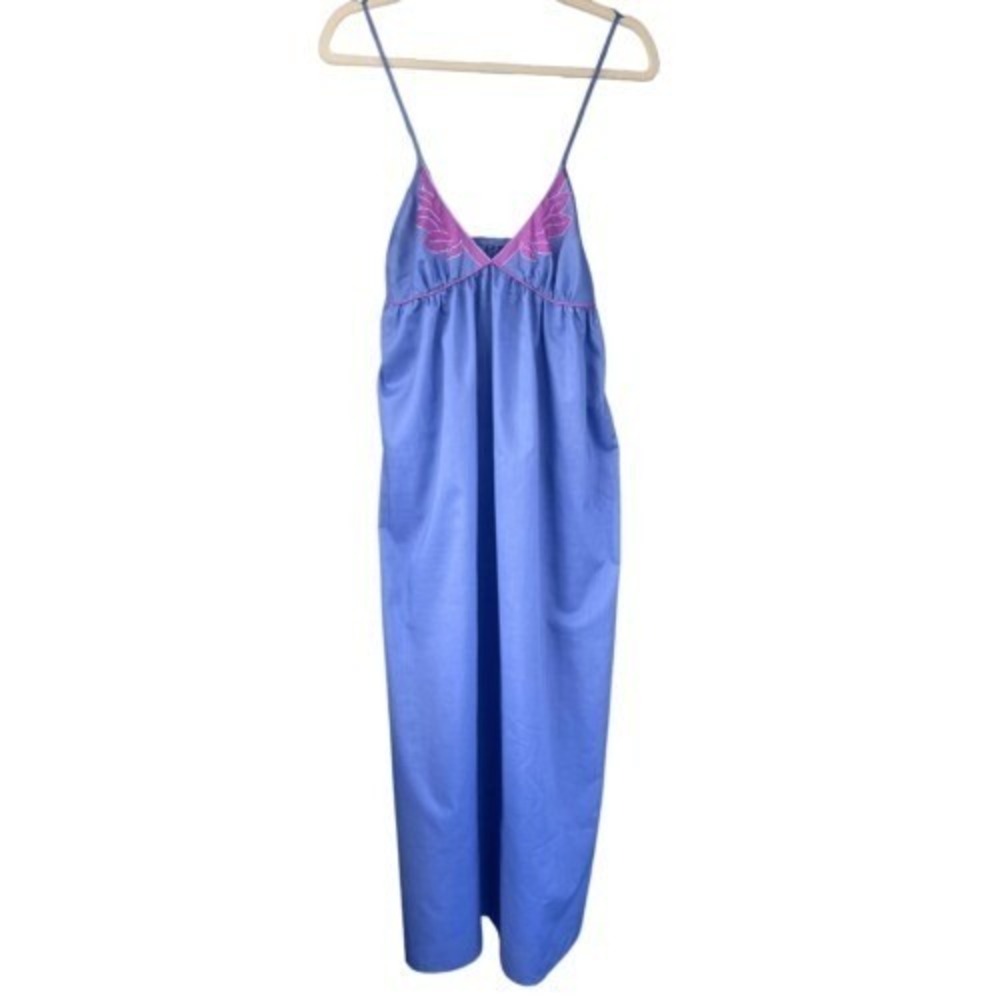 T7 Val Mode Slip Dress Embroidered‎ 1970s Vintage Maxi Nightgown Periwinkle Blue